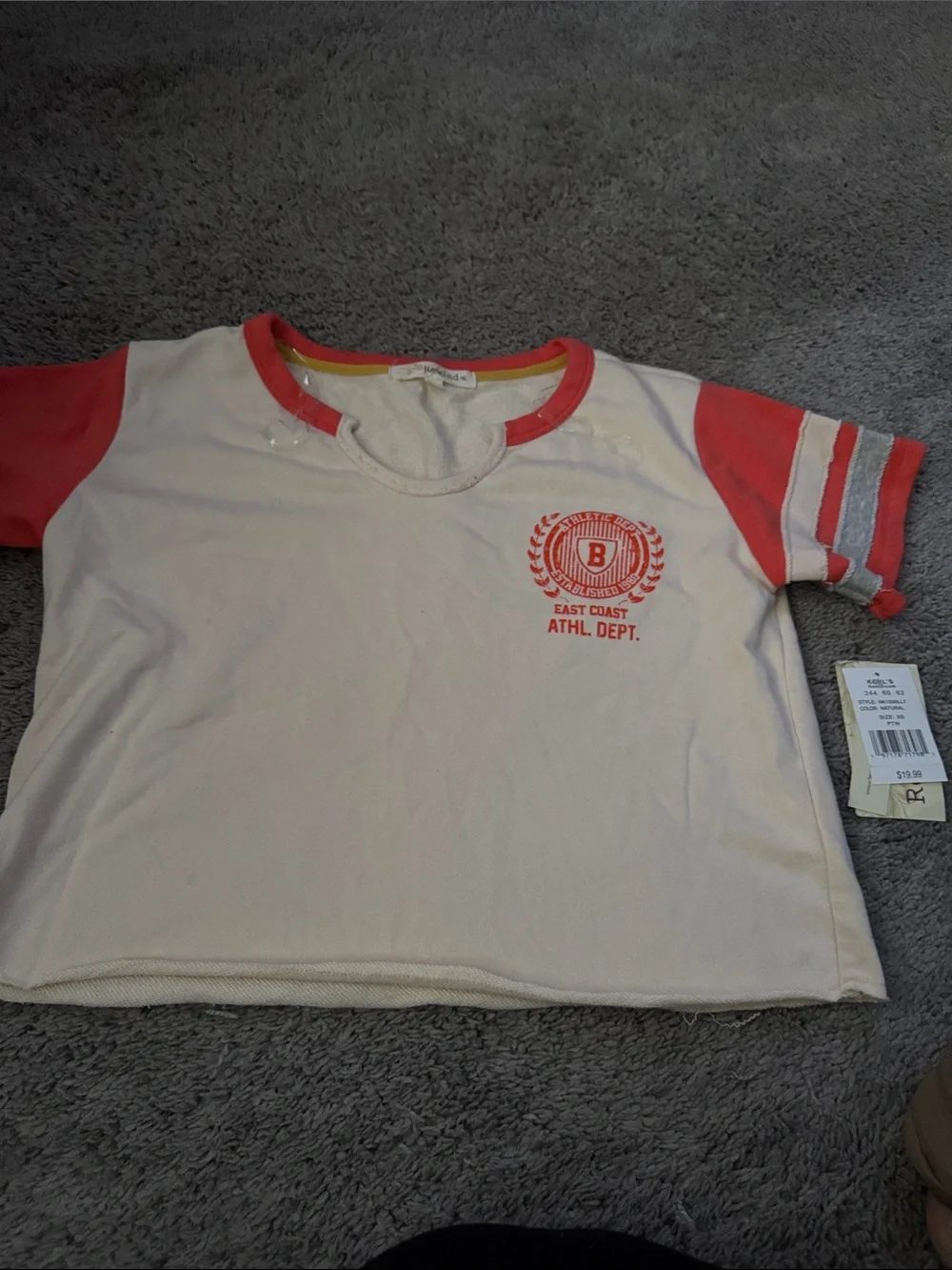 Rewind Cream Tee with Coral Sleeves and Logo